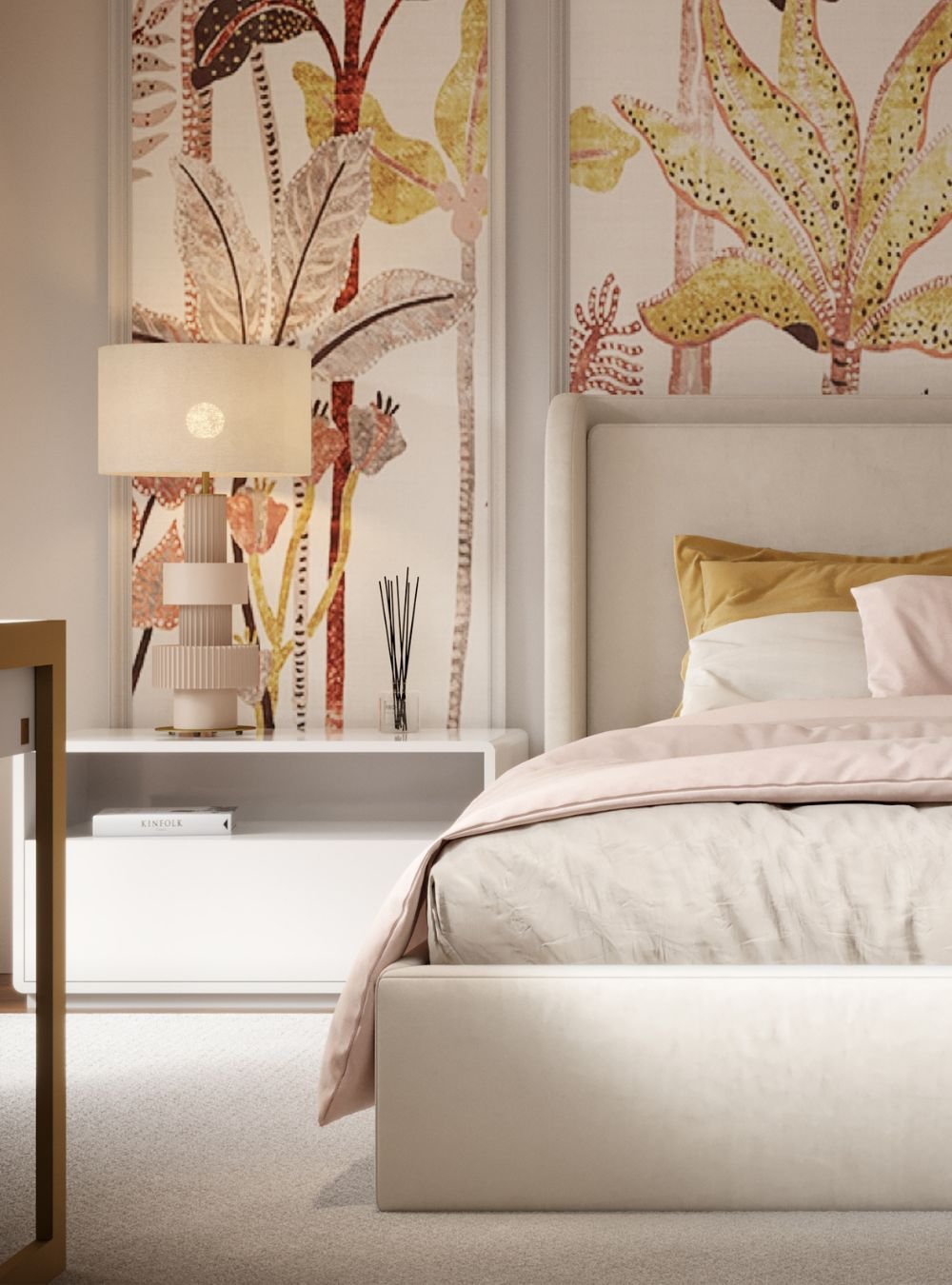 Mesa de cabeceira com candeeiro ao lado de uma cama num quarto de criança, revelando uma alegre decoração quarto de um serviço de design de interiores
