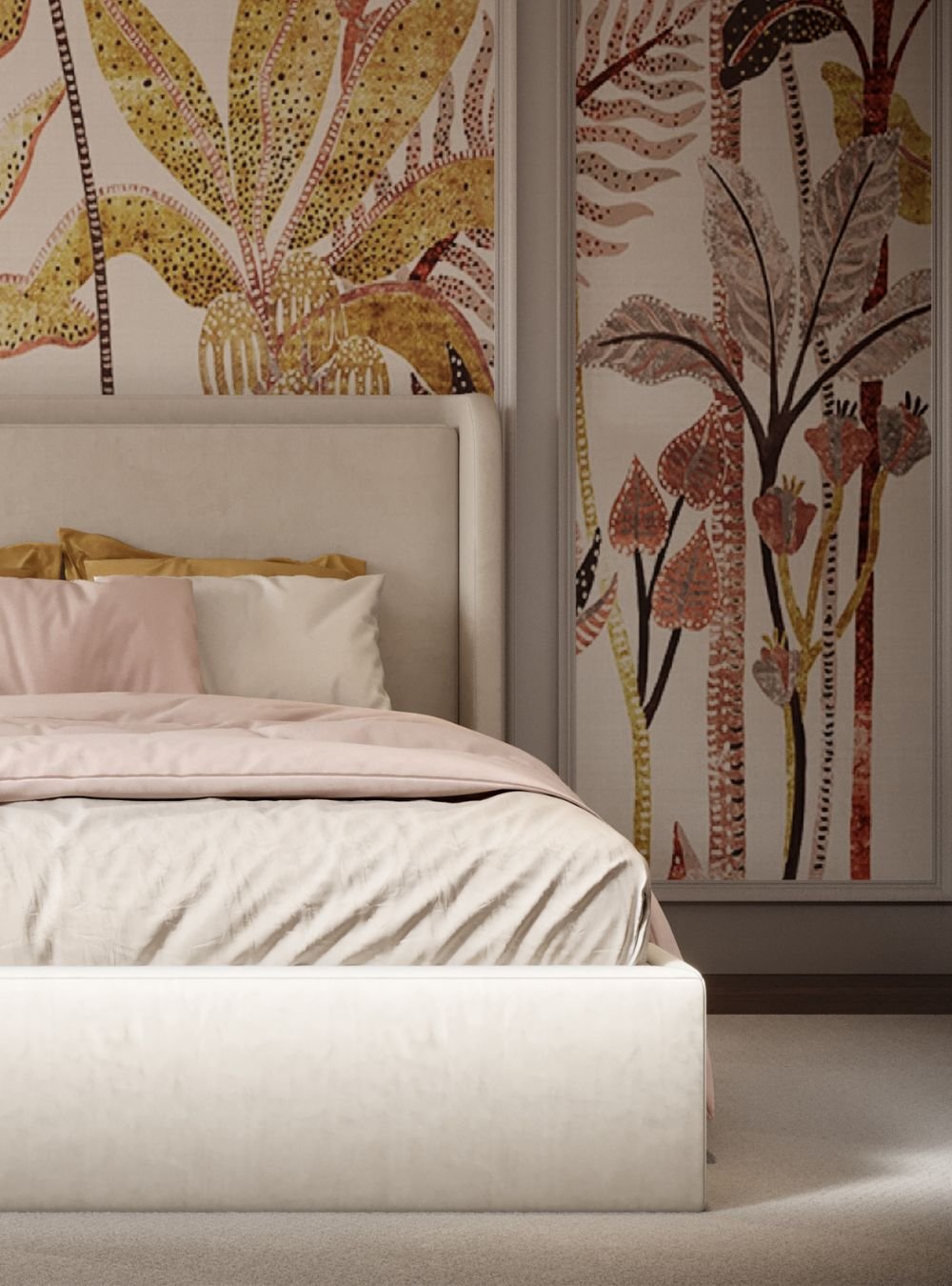 Pormenor de uma cama com enxoval rosa num colorido quarto de criança, que destaca a vibrante decoração quarto criada por um serviço de design de interiores