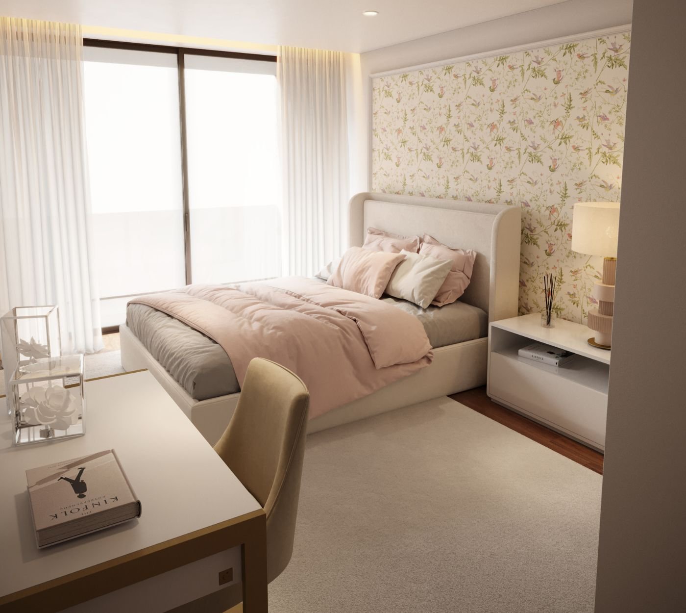 Uma vista ampla de um quarto de criança com cama confortável e secretária em primeiro plano, exibindo a harmoniosa decoração quarto desenvolvida por um serviço de design de interiores