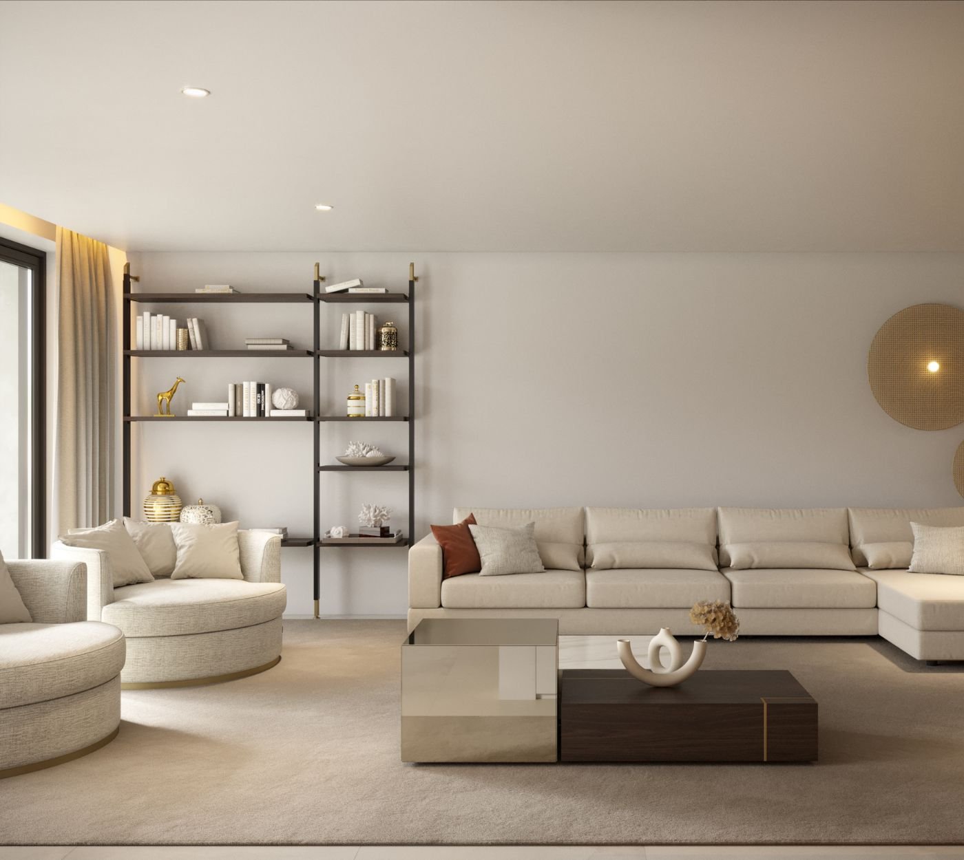 Uma ampla sala de estar moderna com estante escura na parede e poltronas redondas, destacando um grande sofá chaise longue bege posicionado sobre um tapete escuro num open space acolhedor
