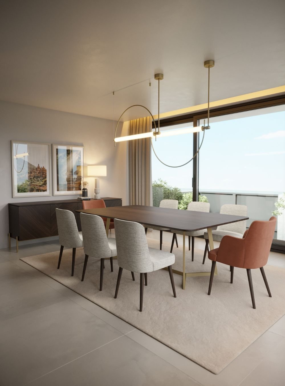 Um moderno aparador sala de jantar em madeira com candeeiro, posicionado ao lado de uma mesa para sala de jantar e uma cadeira de jantar em destaque