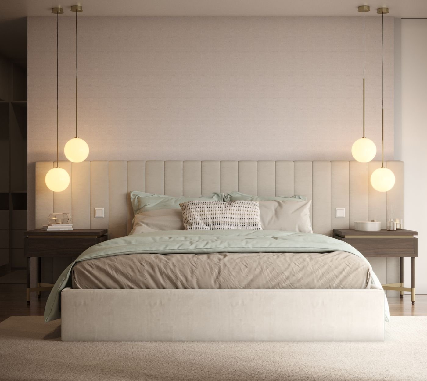 Vista frontal de um quarto de casal decorado com cabeceira em painéis e iluminação simétrica, destacando uma decoração de quarto de um serviço de design interiores