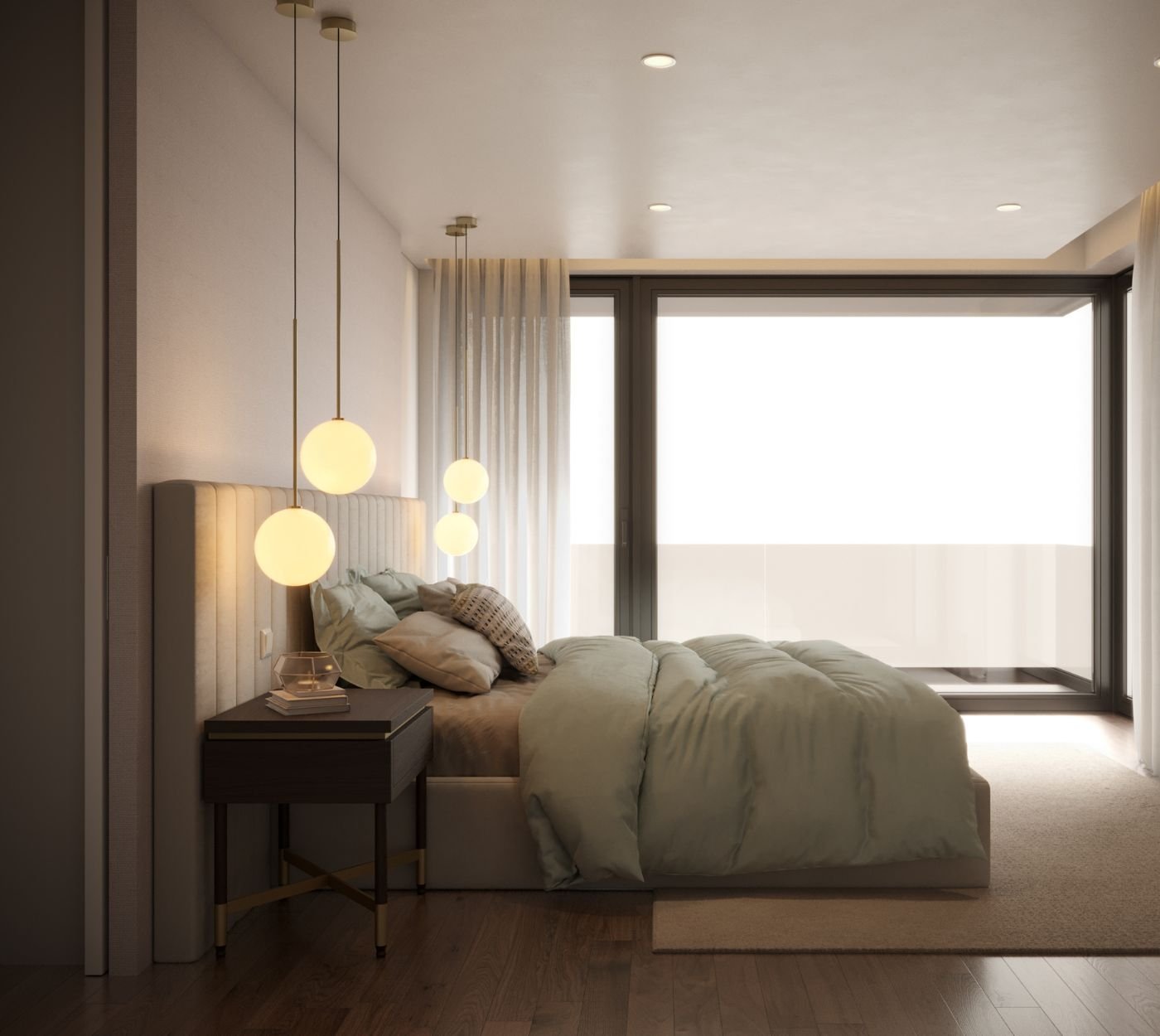 Vista lateral de um quarto de casal decorado com grande janela, apresentando uma sofisticada decoração de quarto pensada por um serviço de design interiores