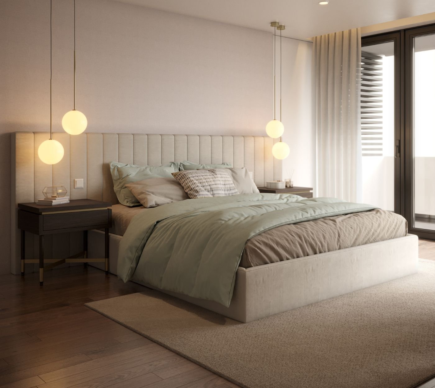 Um acolhedor quarto de casal decorado com cabeceira estofada e candeeiros suspensos, exibindo uma moderna decoração de quarto de um serviço de design interiores.