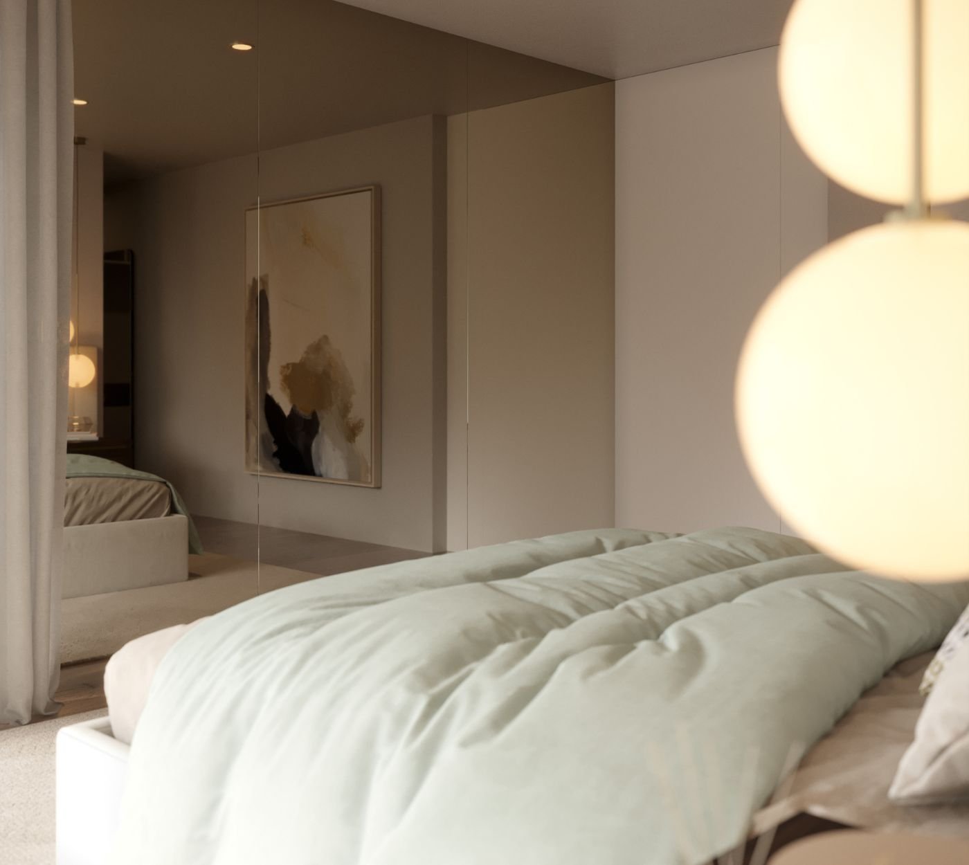 Pormenor de um quarto de casal decorado com espelhos ao fundo, revelando uma cuidada decoração de quarto e iluminação moderna de um serviço de design interiores.