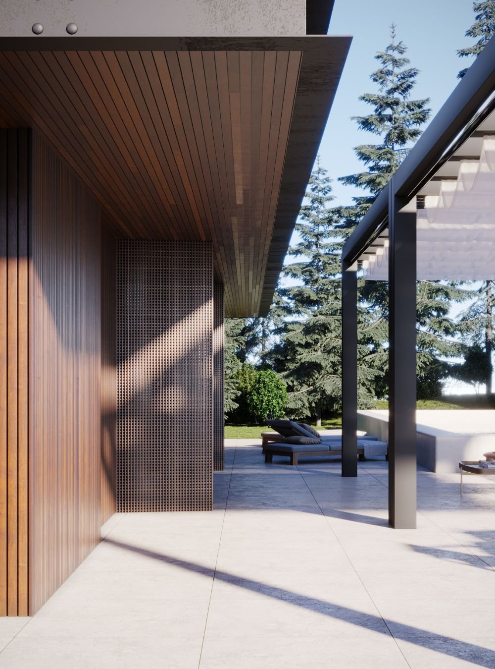 Vista superior da área exterior onde se criou uma sala de jantar e uma sala de estar, destacando o mobiliário de jardim através de um cuidado design de interiores.