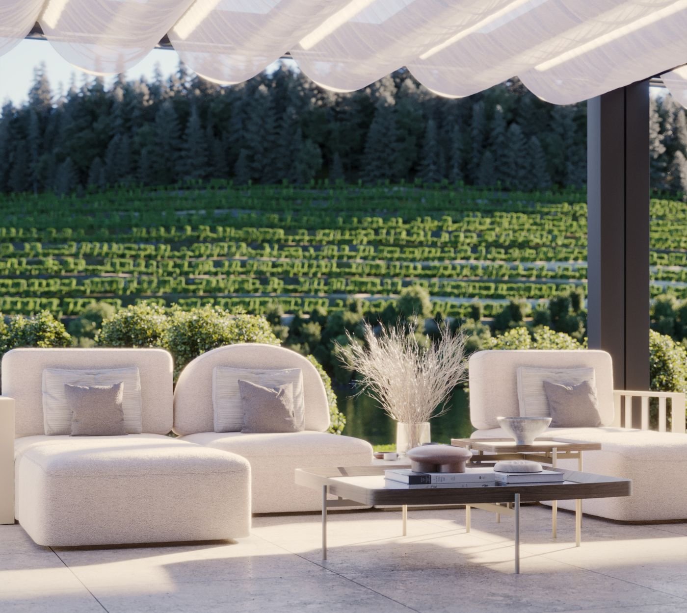 Zona lounge sob pérgola com sofá modular claro e mesas de centro modernas voltadas para a paisagem, refletindo harmonia entre mobiliário de jardim, decoração sala e design de interiores.