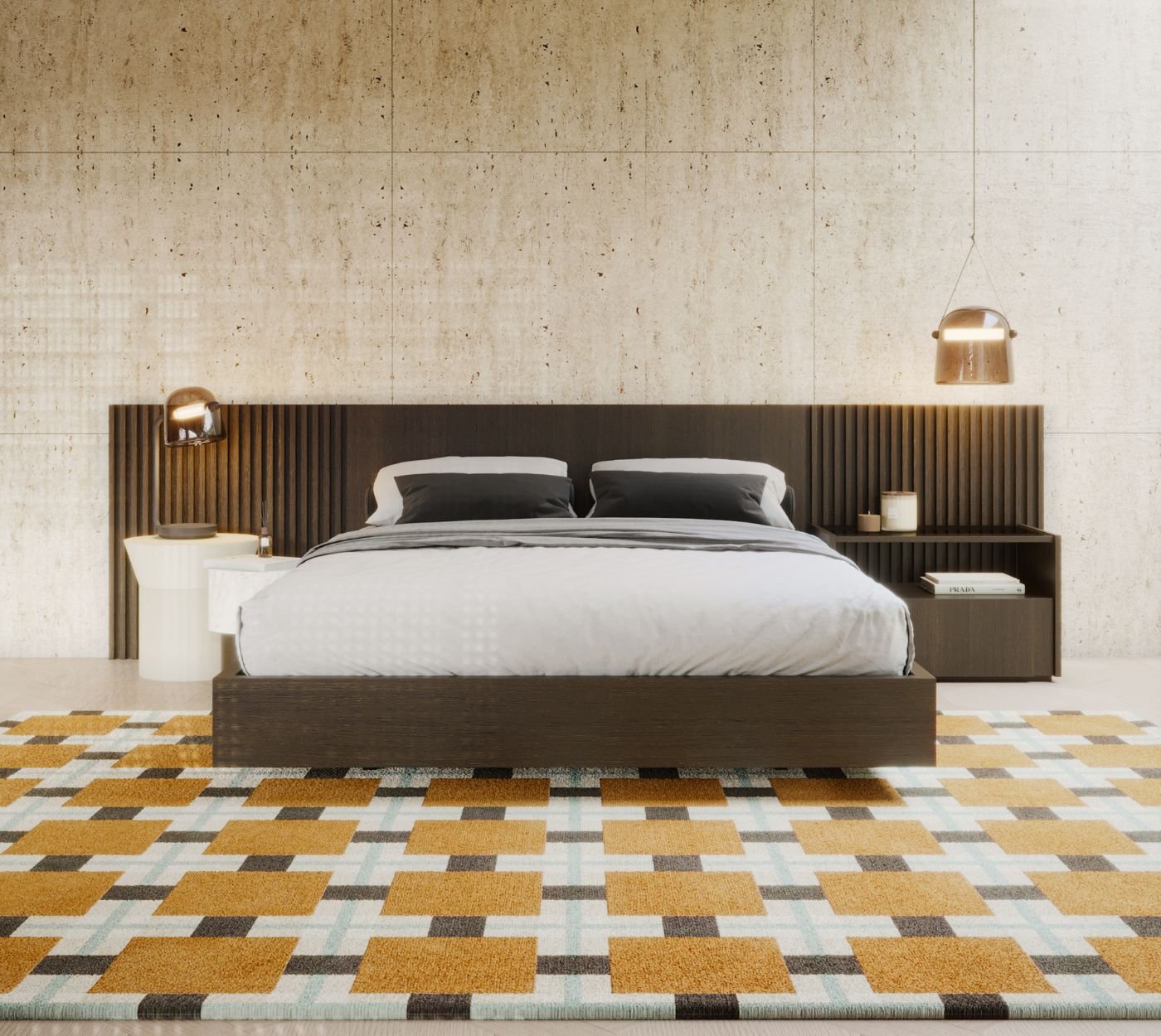 Vista frontal de uma cama de casal com cabeceira de ripas e tapete geométrico colorido, em ambiente contemporâneo. Decoração de quarto e design de interiores.