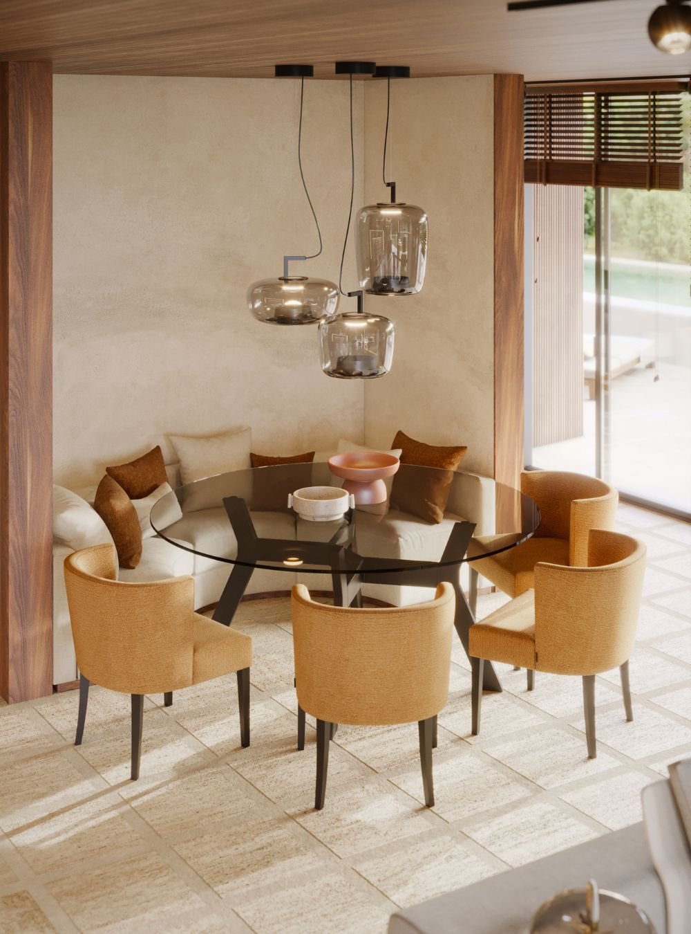 Sala de jantar luminosa com mesa de jantar para sala, cadeiras em tecido e apontamentos em madeira, integrada num projeto de design de interiores de linguagem contemporânea.