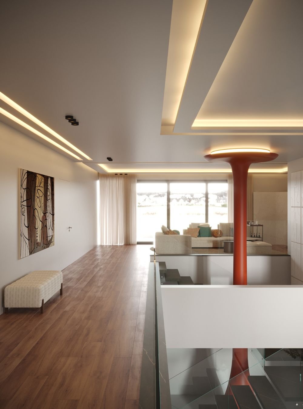Corredor amplo com iluminação linear no teto que conduz à sala de cinema, com sofá modular, pufe e elementos de sala de estar moderna criados por serviço de design de interiores com cuidada decoração.
