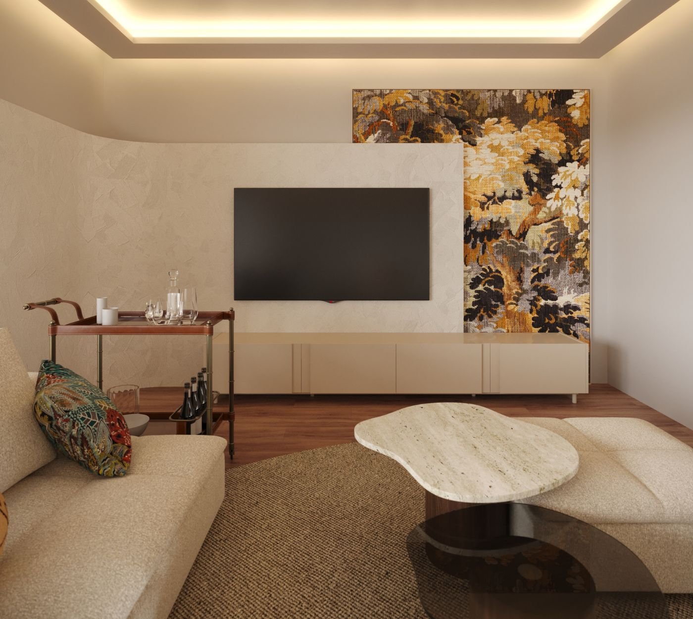 Área de televisão com painel artístico, pufe acolchoado e móvel de apoio em sala de cinema, aliando a atmosfera de sala de estar moderna com sofá modular ao detalhe da decoração de um serviço de design de interiores.