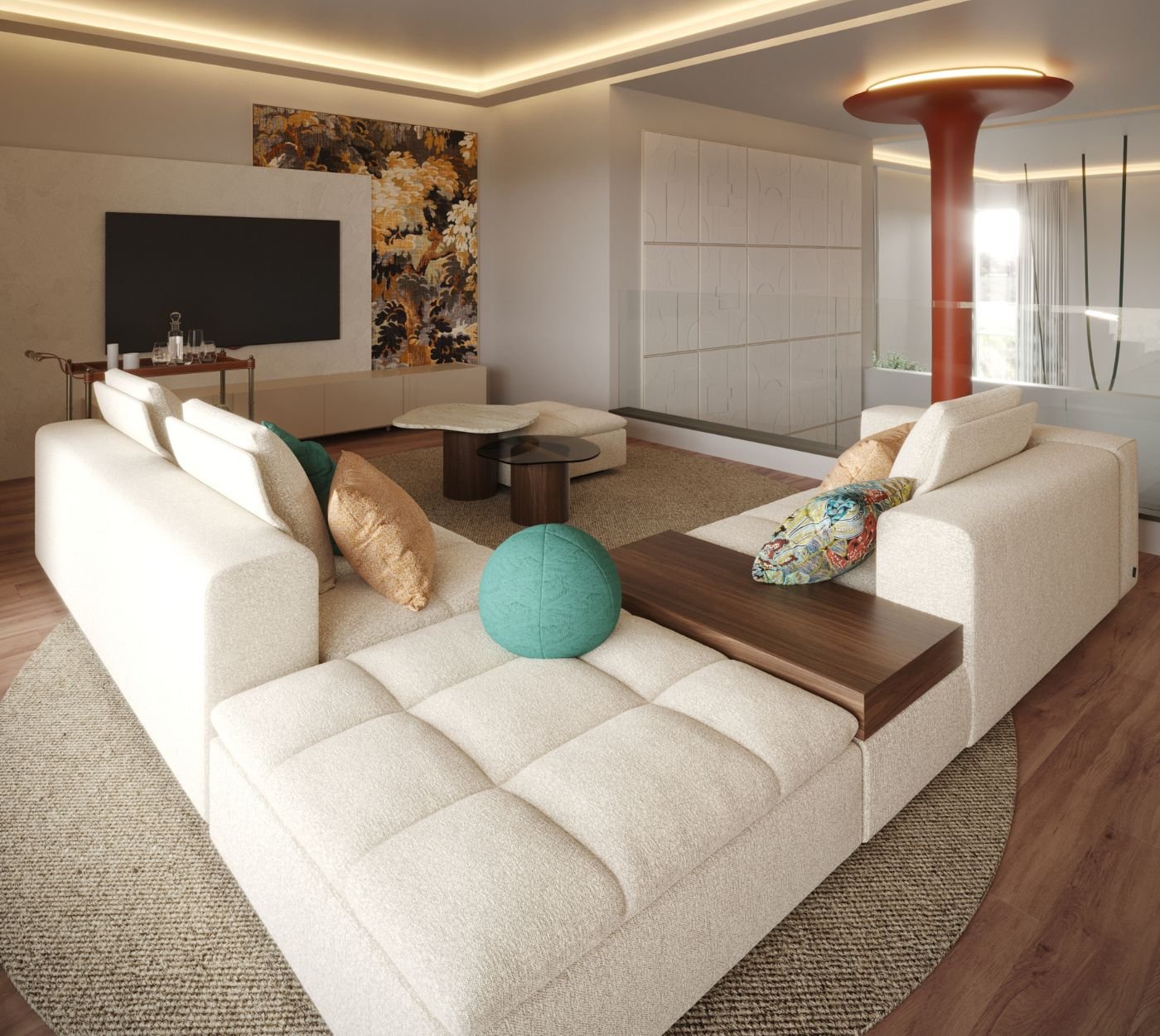 Confortável sofá modular bege com almofadas coloridas, pufe e televisão de ecrã plano numa sala de cinema integrada em sala de estar moderna com decoração assinada por serviço de design de interiores.
