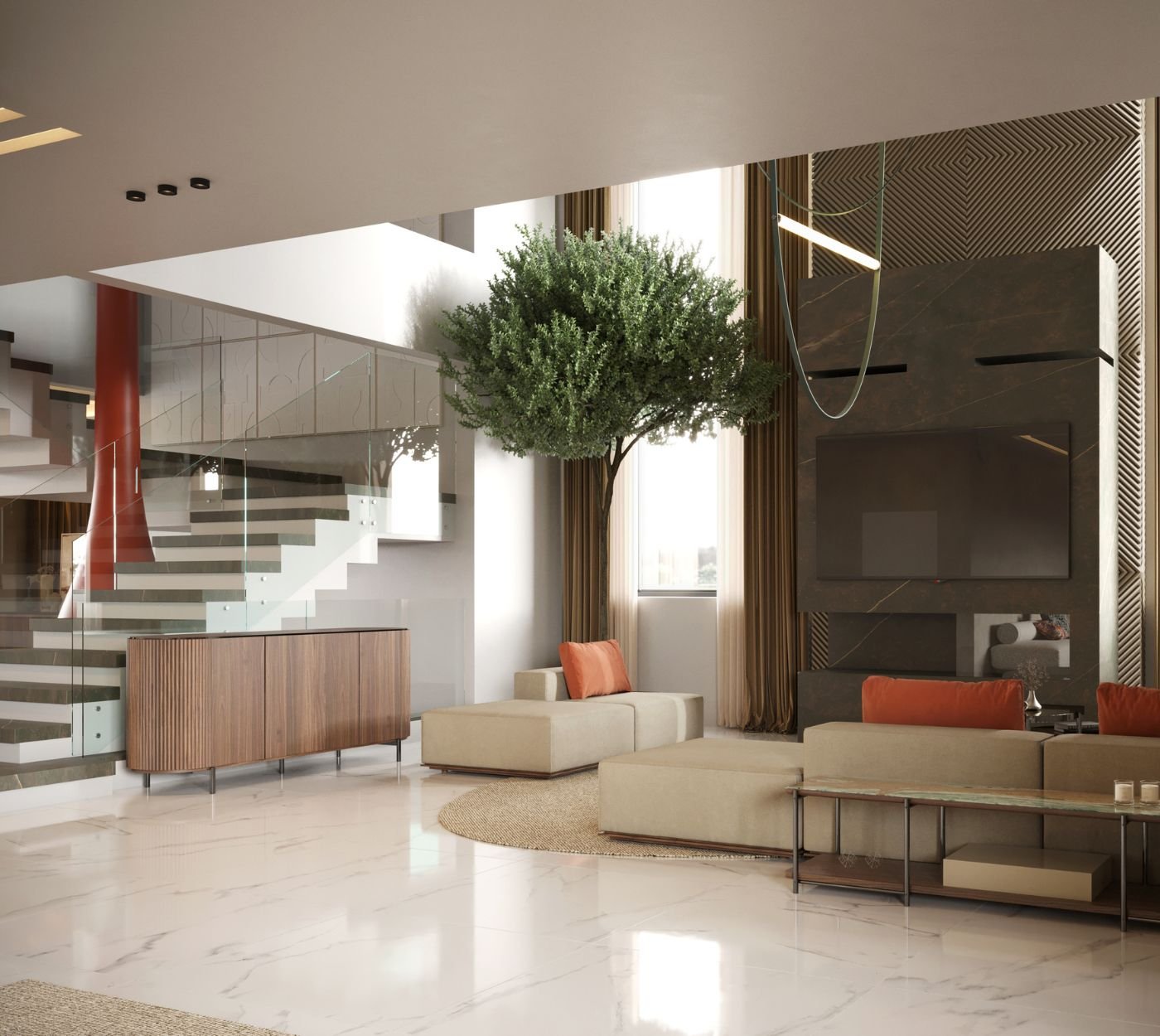 Espaçosa decoração sala moderna com sofá modular em tons neutros, mesas de apoio metálicas e um dos aparadores de sala modernas em madeira sob a escadaria com árvore de interior.