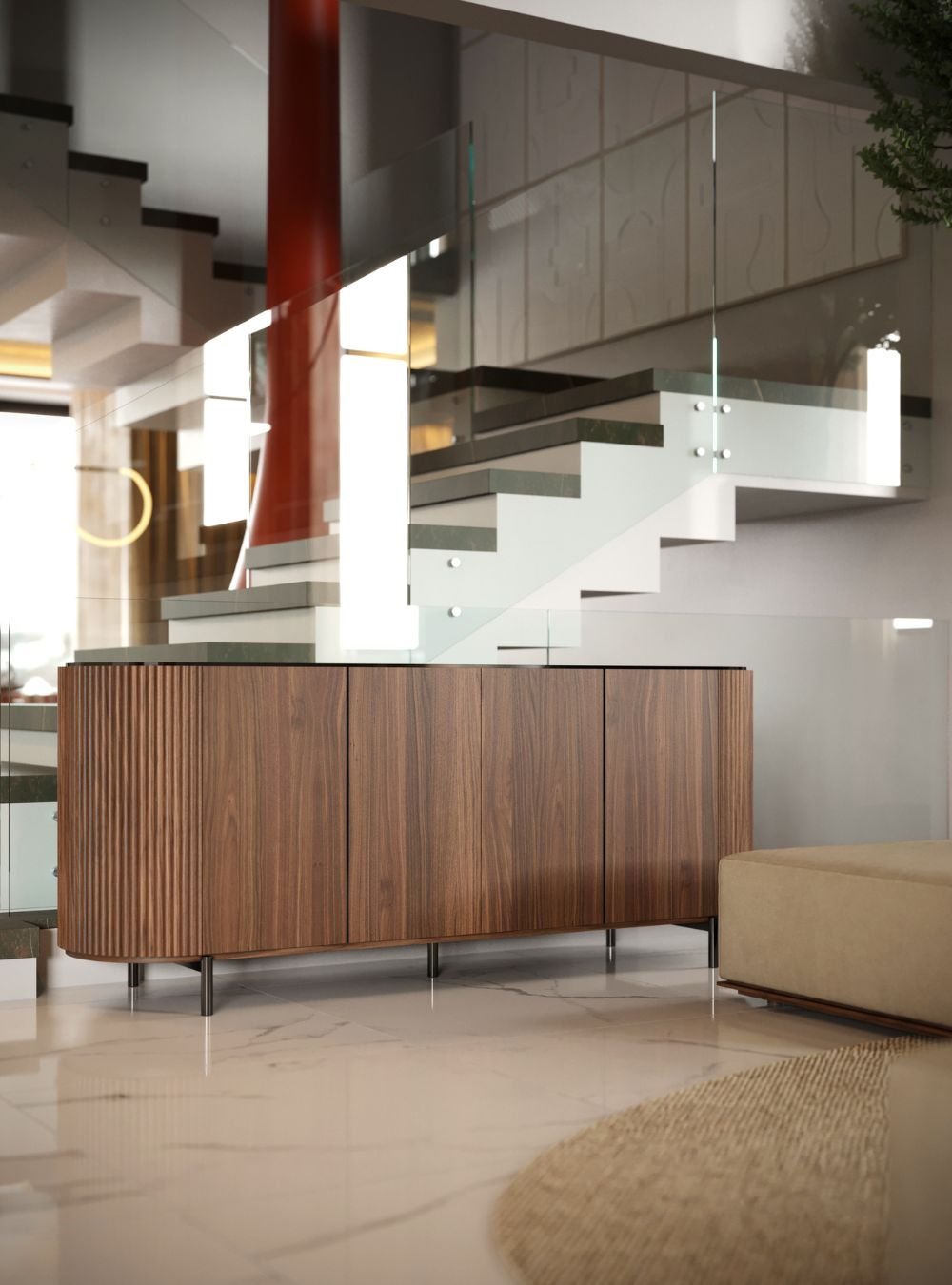 Pormenor de um dos aparadores de sala modernas em madeira ripada junto às escadas, complementando o sofá modular e as mesas de apoio nesta decoração sala moderna.