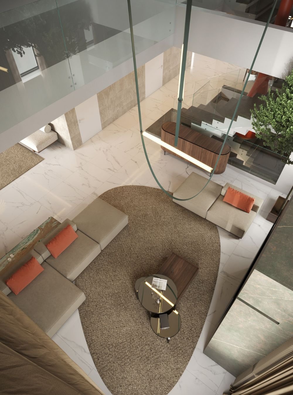 Vista superior de uma decoração sala moderna com sofá modular bege, tapete oval, mesas de apoio em madeira e vidro, e aparadores de sala modernas sob o mezanino.