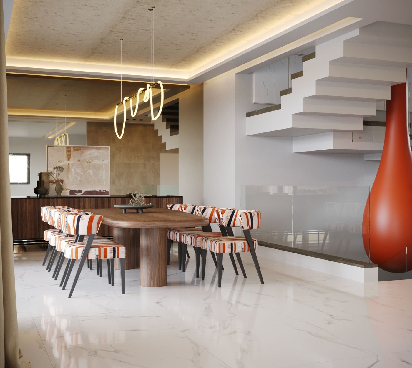 Vista ampla de mesa de sala jantar em madeira com cadeira sala de jantar em padrão geométrico terracota e candeeiro curvo suspenso, num projeto exclusivo de design de interiores de luxo.