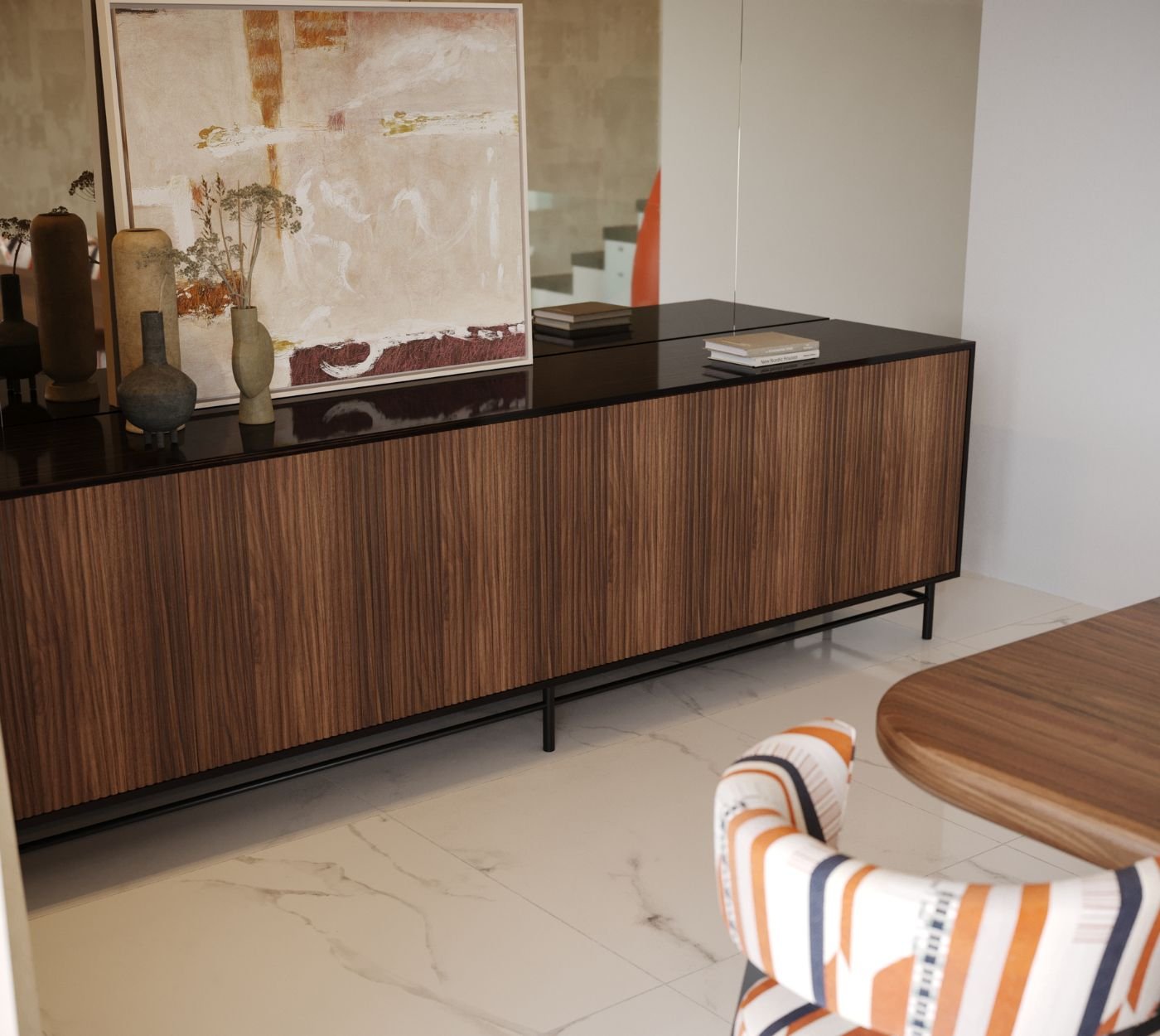 Destaque de aparador sala de jantar em madeira ripada com tampo escuro e cerâmicas decorativas, evidenciando o uso funcional do aparador sala de jantar num elegante design de interiores.