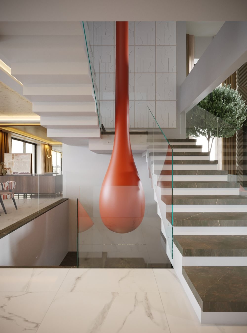 Escadaria contemporânea com elemento escultural suspenso em tom terracota e vista de fundo para a zona de refeições, revelando a sofisticação do design de interiores de luxo.