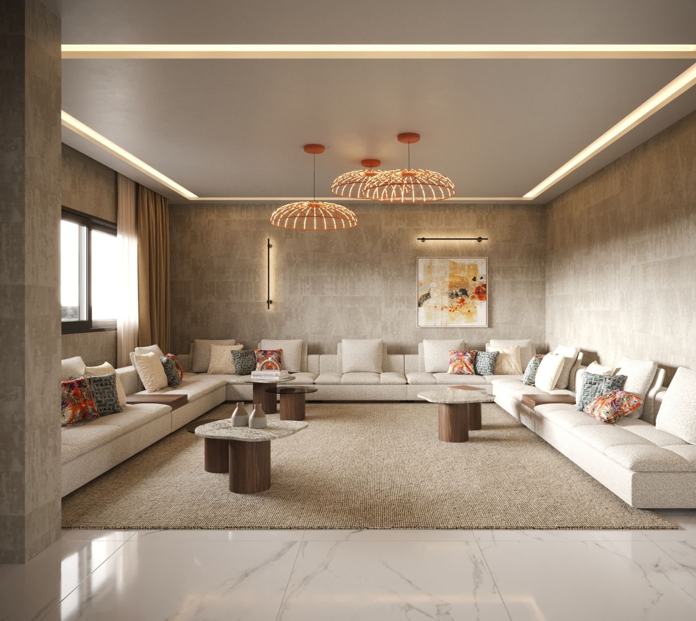 Salão amplo com sofá contínuo em tons claros, candeeiros de teto suspensos e várias mesas de centro, refletindo uma acolhedora decoração sala moderna e requintado design de interiores.