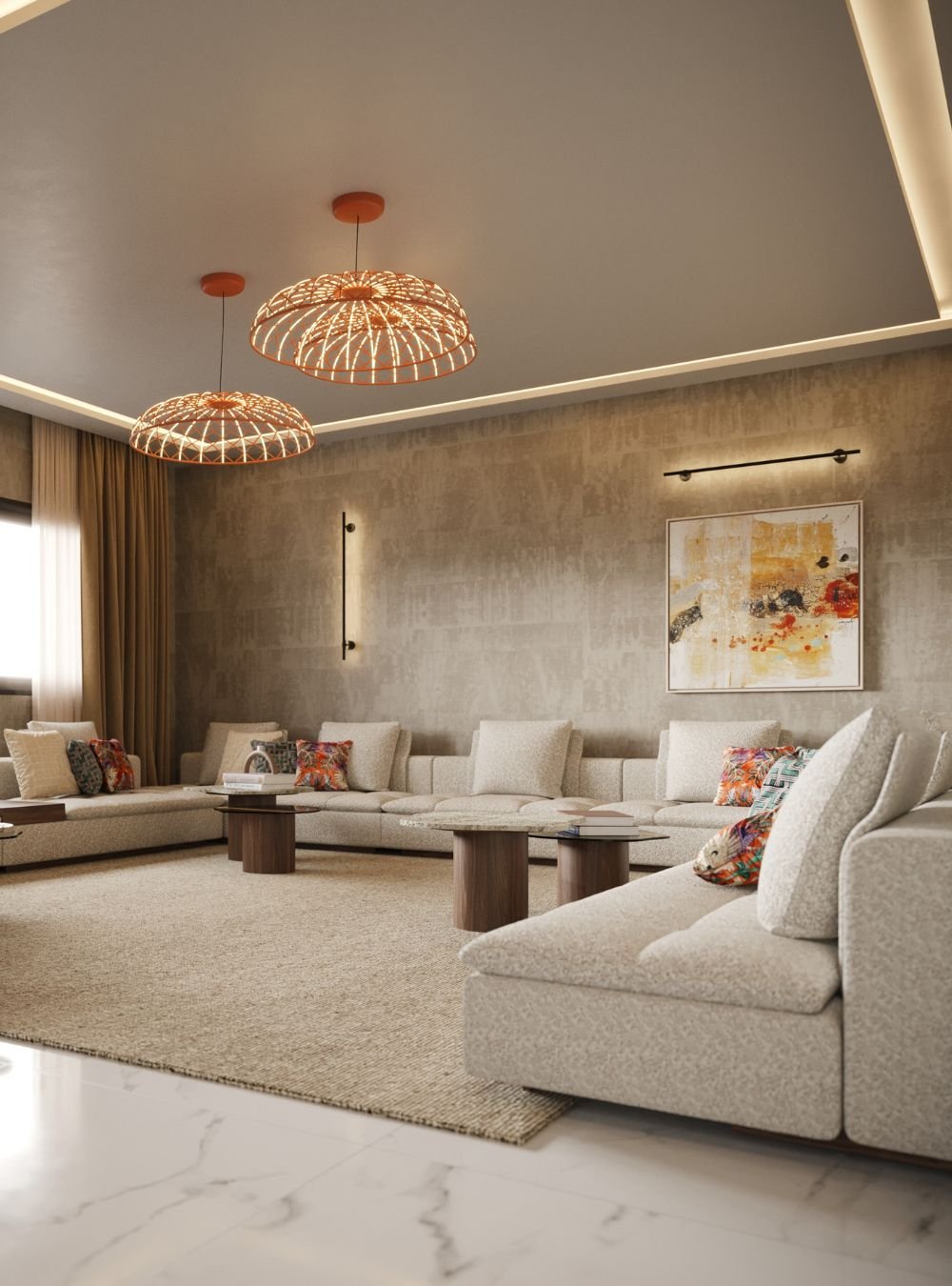 Grande sofá modular em U com almofadas coloridas e mesas de centro em pedra e madeira, compondo uma elegante decoração sala moderna com assinatura em design de interiores.