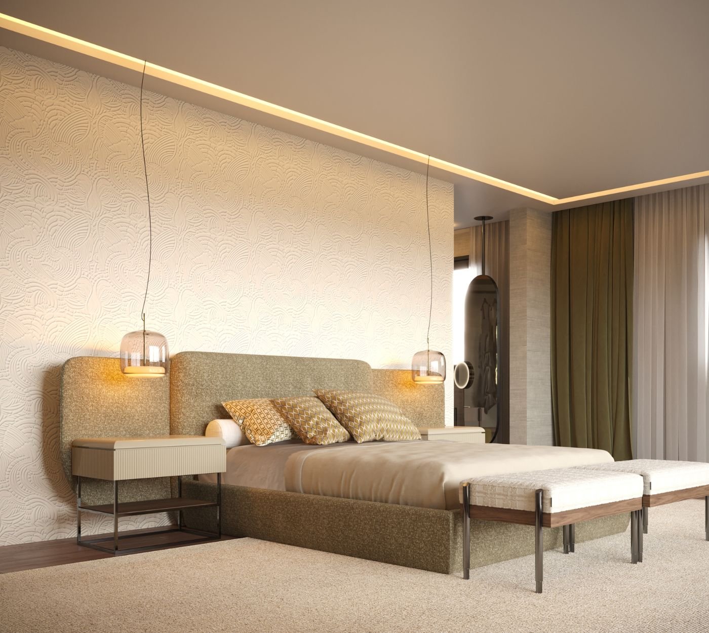 Cama de casal com cabeceira ampla em tecido texturado, ladeada por mesa de cabeceira e bancos aos pés, numa sofisticada decoração de quarto de casal.