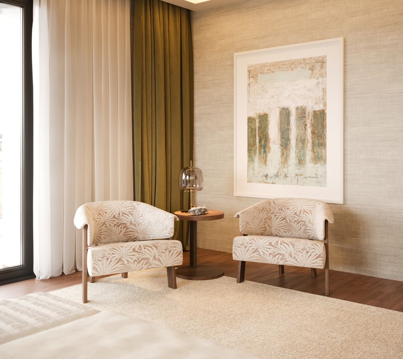 Par de cadeirões estofados com padrão botânico ao lado de mesa de apoio redonda e quadro decorativo, concebidos por um serviço de design de interiores.