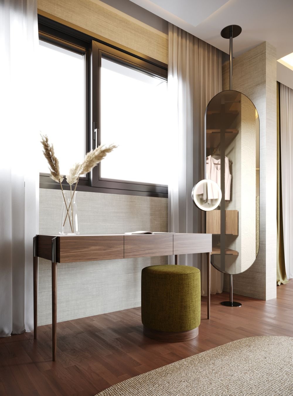 Pormenor de toucador com espelho vertical giratório, banco verde e secretária em madeira, integrado como mobiliário personalizado num closet aberto contemporâneo.