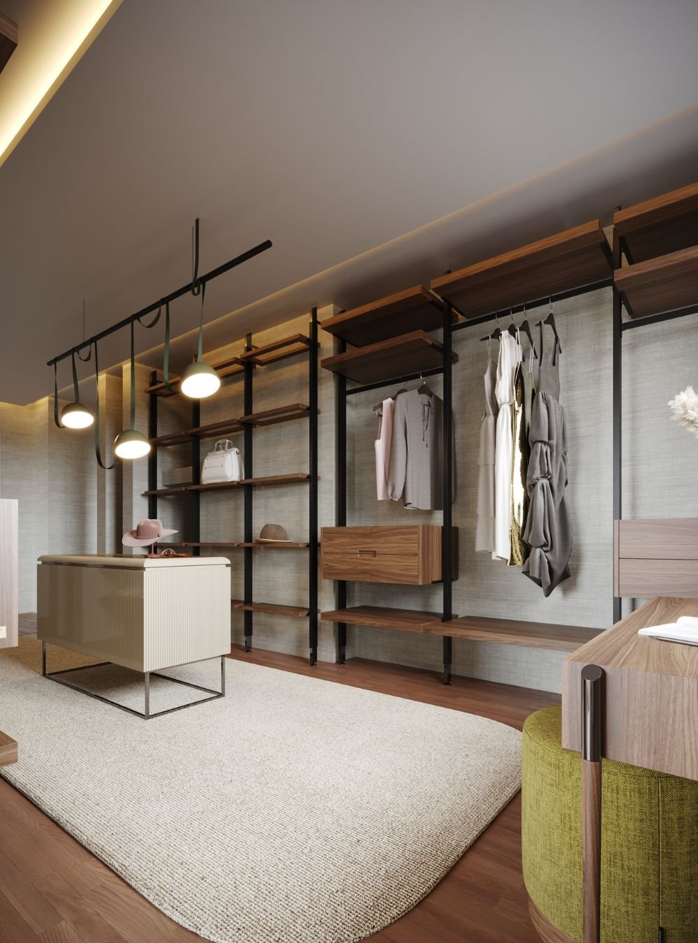Amplo closet aberto com estantes modulares em madeira e ilha central, integrado com mobiliário personalizado e toucador com espelho em suite master.