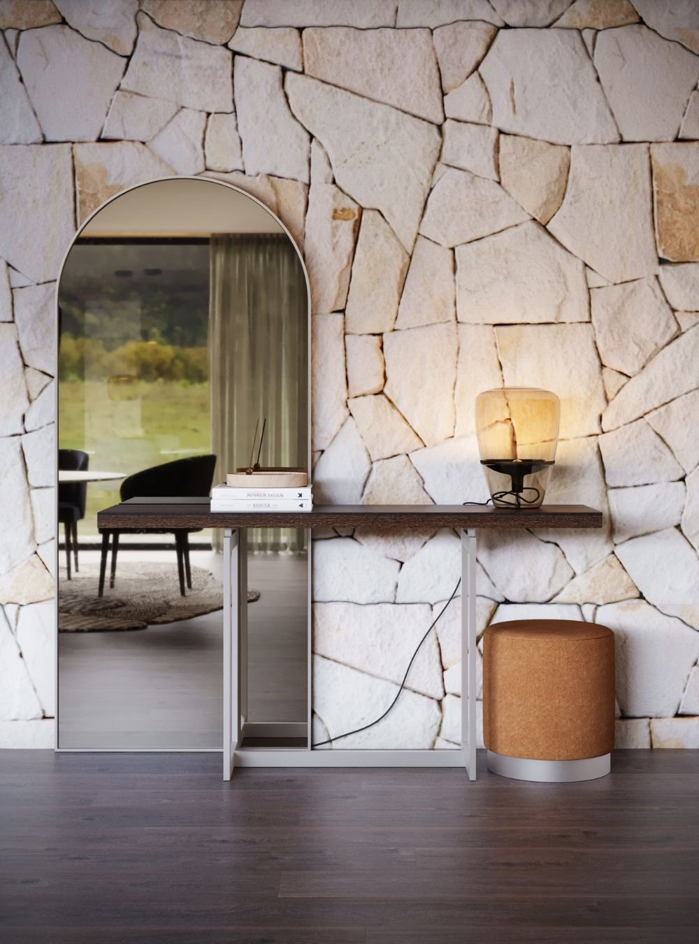 Decoração de hall de entrada pequeno com espelho de grandes dimensões, consola contemporânea e revestimento em pedra, integrado numa linguagem de design de interiores para casas modernas.