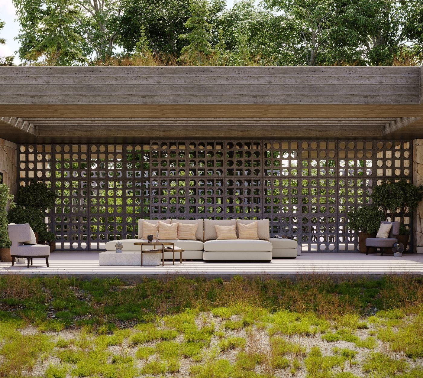 Amplo alpendre contemporâneo com sofá linear e cadeirões de apoio, valorizando o mobiliário de jardim com o apoio de serviços de decoração e do design de interiores em casas modernas.