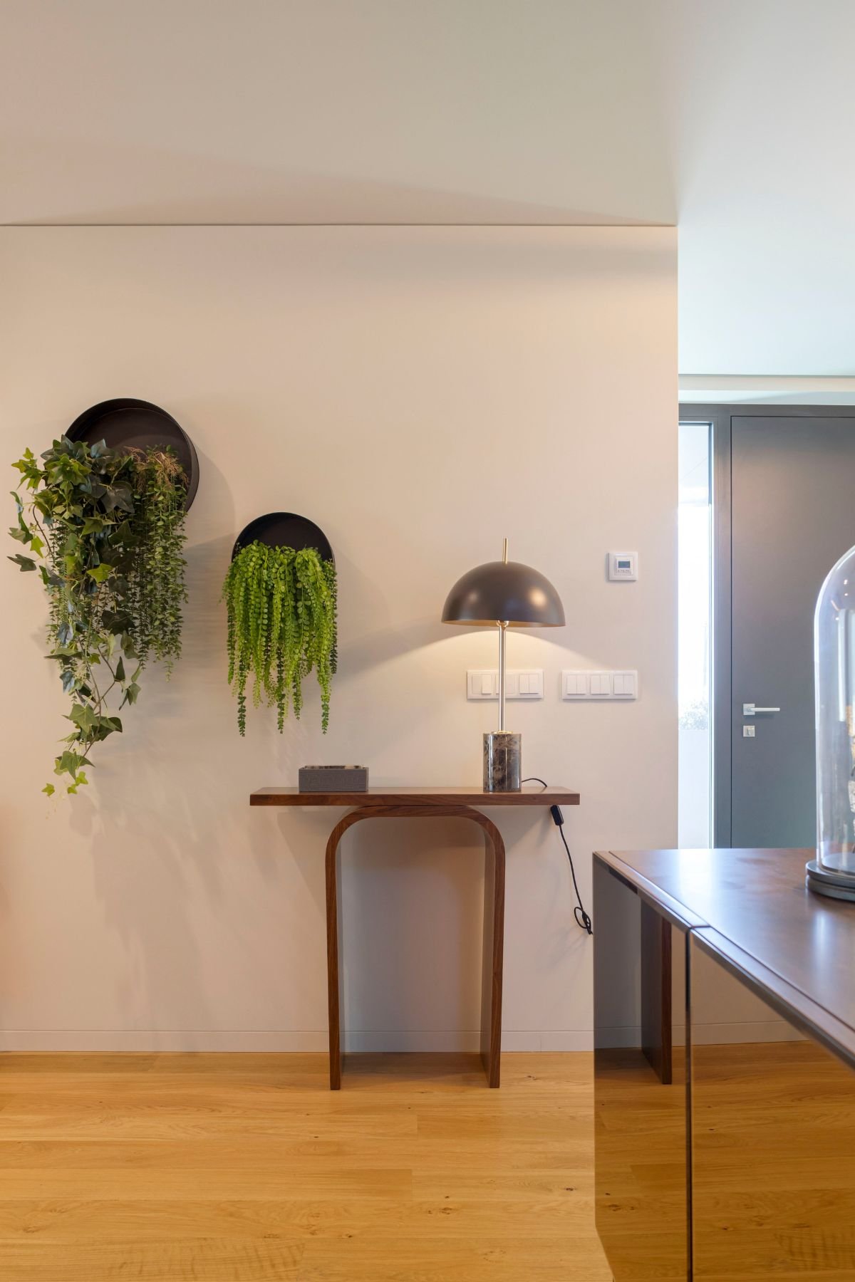 Hall de entrada moderno com consola de entrada em madeira, candeeiro de mesa de design e floreiras de parede pretas com plantas pendentes.